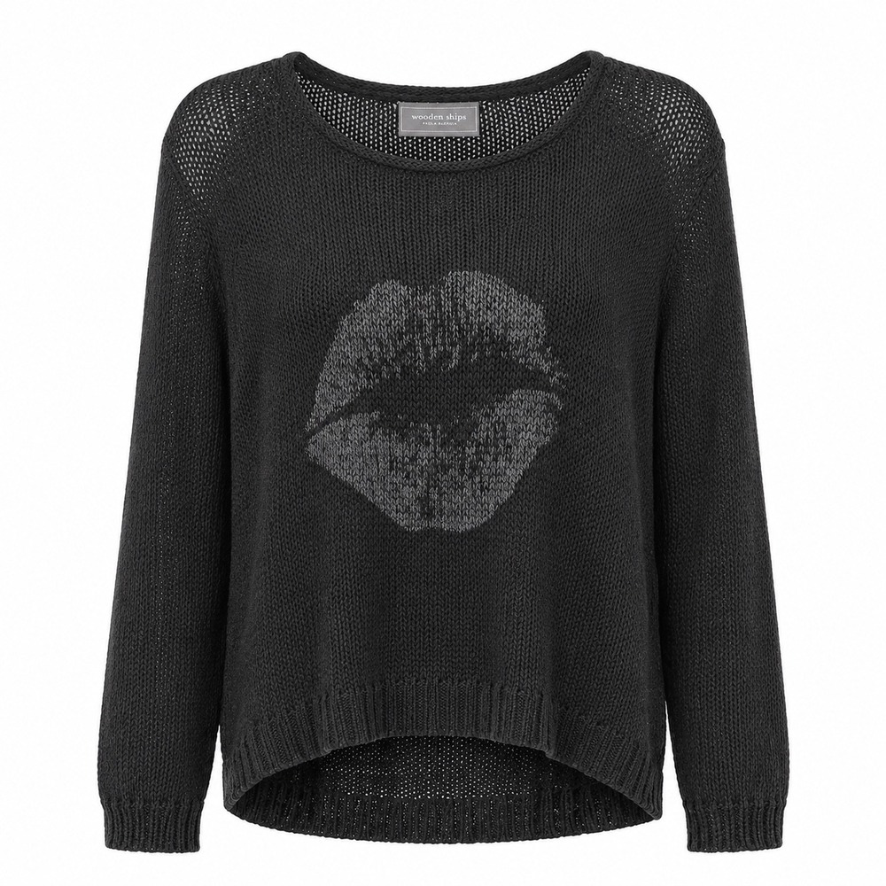 Wooden Ships Sweater Black Graphic Lips Kiss Open Knit Cotton Blend XS/S